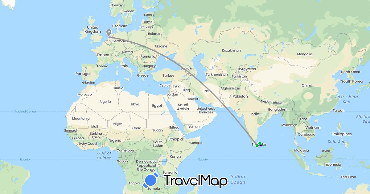 TravelMap itinerary: driving, bus, plane, train in Sri Lanka, Netherlands (Asia, Europe)